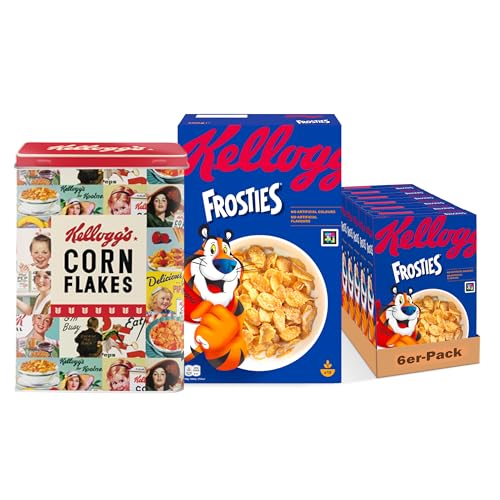 Kellogg's Frosties (6 x 400 g) + nostalgische Blechdose mit Deckel – knusprige Cornflakes aus Mais mit leckerem Frosting – Frühstückscerealien ohne künstliche Farb- und Aromastoffe von Kellogg's