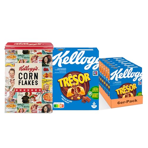 Kellogg's Tresor Milk Choco (6 x 410 g) + nostalgische Blechdose mit Deckel – knusprige Frühstückscerealien mit schmelzender Creme-Füllung mit Milchschokolade – Tresor. Crazy Tasty. von Kellogg's