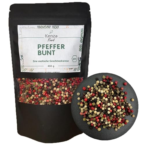 Bunter Pfeffer ganz 450 g | aus Pfeffer schwarz, Pfeffer weiß, Pfeffer grün, Schinusbeeren (rosa Beeren) | 100% natürlich | Hocharomatisch | Premium Gewürz für Exquisite Genussmomente von Kenza Food