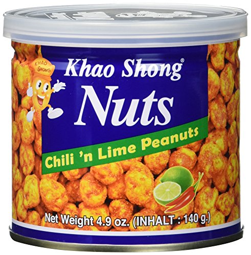 Khao Shong Chili 'n Lime Peanuts, Erdnüsse mit Chili & Limette überzogen, knackige Nüsse im fruchtig-scharfen Teigmantel, kunspriger Snack, (6 x 140 g Dose) von Khao Shong