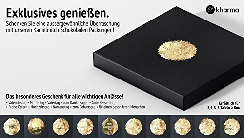 4 Tafeln Kharma Kamelmilchschokolade mit Geschenkverpackung und Prägeetikette aus Meisterbetrieb (Mandel Orange, Erdnuss gesalzen, Orientalische Gewürze,Kakao 74%) Geschenk für Weihnachten, Ostern, Geburtstag, Hochzeit, Mutter-Vatertag,... (Geschenkverpackung Prägeetikette "Alles Liebe zum Geburtstag") von Kharma Kamelmilch Schokolade