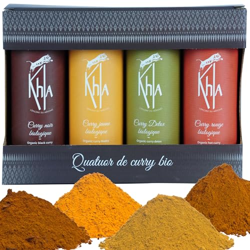 Khla - 4er Bio-Currys Geschenkset - Gelbes, Schwarzes, Rotes & Detox Grünes Curry - Pulver 4x 100 g - Exklusive Mischungen - Geschenkidee Weihnachten Geburtstag - Asiatische Gewürze – Aus Kambodscha von Khla