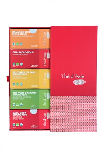 Khla - 5 Asiatischer Tee Geschenkset - 100 Beutel -Angkor, Chaï, Earl Grey, Senteurs du soir et Detox - Loser Tee Bio - Kräutertees - Blauer, Grüner, Weißer Tee - Tea Geschenkbox für Frauen, Männer von Khla