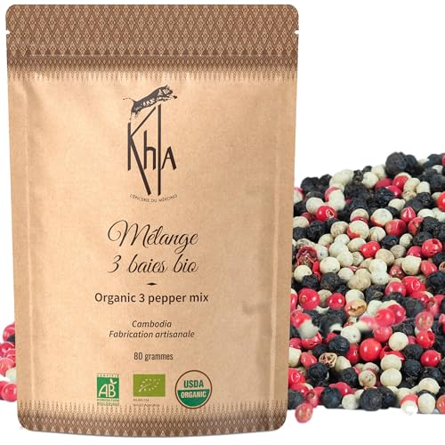 Khla - Bunt Pfeffer Ganz Bio 80 g - Schwarzer, Weißer & Rosa Pfeffer - Beeren & Kampot Pfefferkörner- - Premium Qualität - Limitierte Produktion - Direkt vom Erzeuger - Aus Kambodscha & Madagaskar von Khla