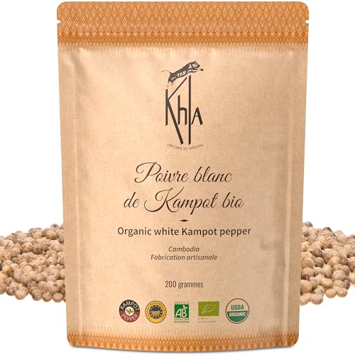 Khla - Kampot Pfeffer Weiß Bio 200g - Weißer Pfefferkörner Ganz Biologisch - Grand Cru, Stark & Kräftig - Zutat Küchen - Direkt vom Erzeuger - Weiße Körner Ganze für Mühle - Aus Kambodscha von Khla