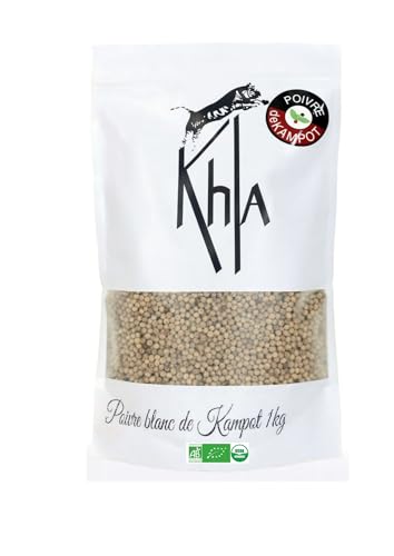 Khla - Kampot Pfeffer Weiß Bio 500g - Weißer Pfefferkörner Ganz Biologisch - Grand Cru, Stark & Kräftig - Zutat Küchen - Direkt vom Erzeuger - Weiße Körner Ganze für Mühle - Herkunft Kambodscha von Khla