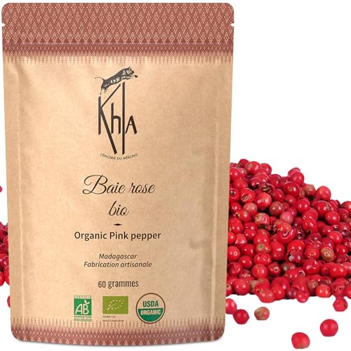 Khla - Rosa Pfeffer 60 g - Bio-zertifiziert - Pfefferkörner Ganz aus Madagaskar - Rosa Beeren - Premium Qualität - Bourbon Pfeffer - Süßer & Fruchtiger Geschmack - Direkt vom Erzeuger von Khla