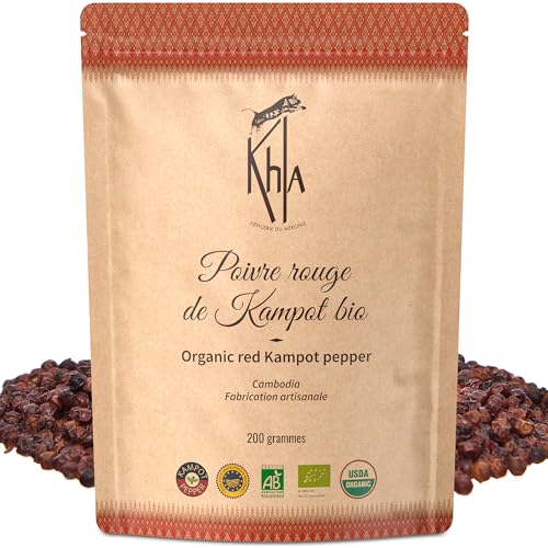 Khla - Kampot Pfeffer Rot Bio 200g - Roter Pfefferkörner Ganz Biologisch - Grand Cru, Süß & Fruchtig - Zutat Küchen - Direkt vom Erzeuger - Rote Körner Ganze für Mühle - Aus Kambodscha von Khla