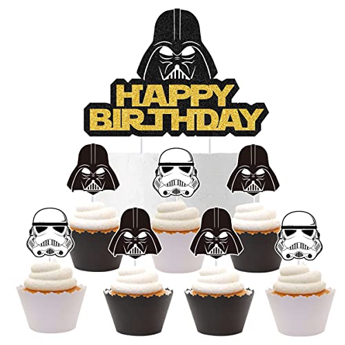 Kicibay Alien War Darth Vader Happy Birthday Kuchen Topper Cupcake Topper 25 Stück - Star Wars Geburtstag Kuchendekorationen Set von Kicibay