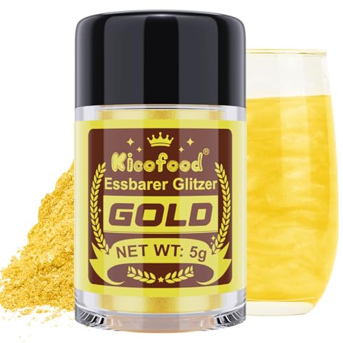 Essbarer Glitzer - Kicofood 5 g Glitzer für Getränke, Essbares Glitzerpulver, Lebensmittelfarbe Glitzer, Lebensmittelfarben Glitter, for Cocktail Getränke Sirup Macarons Torte Champagner - Gold von Kicofood