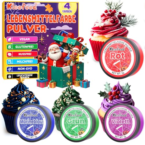 Lebensmittelfarbe Pulver - 4 Farben Lebensmittelfarbe, Konzentriertes Food colouring, Lebensmittelfarbe Rot Grün Marineblau Violett zum Kuchendekorieren, Backen, Zuckerguss, Dessert, Kochen - 5g von Kicofood