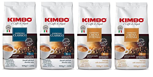 Testpaket Kimbo Kaffeebohnen Espresso Crema Intensa + Espresso Classico Mitteldunkle Röstung Ganze Kaffeebohnen (4x 1kg Beutel) Kaffee von Neapel von Kimbo