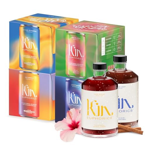 Full Kin Kit von Kin Euphorics, alkoholfreie Spirituosen, Nootropic, botanische, Adaptogen-Getränke, 16 Dosen mit 200 ml (Kin Spritz, Lightwave), 2 Flaschen (High Rhode, Dream Light) von Kin Euphorics