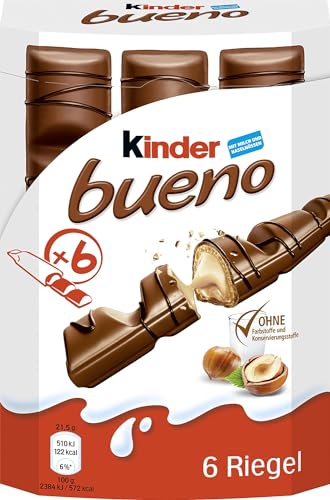 Ferrero kinder bueno– Schokoriegel mit Milch-Haselnuss-Creme – 1 Packung mit je 6 Einzelriegeln (6 x 21,5 g) (Verpackung kann variieren) von Kinder