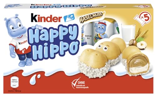 kinder Happy Hippo Haselnuss – Knusprige Waffelspezialität mit Milch- und Haselnusscreme – 1 Packung mit je 5 Einzelriegeln à 20,7g von Kinder