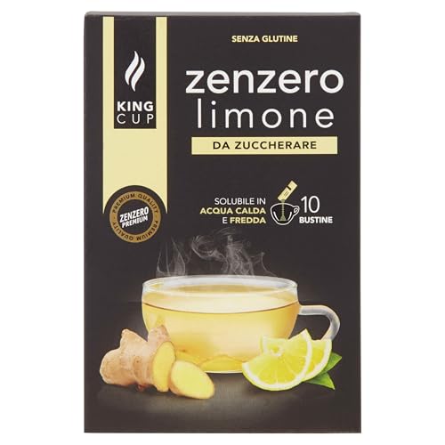 King Cup - 1 Packung mit 10 Lösliche Beutel Ingwer und Zitrone zum Zucker, 10 Sticks von 6 Gr, Ingwer- und Zitronengeschmack zu 60 ml Warmwasser hinzufügen, Glutenfrei und Laktosefrei von King Cup