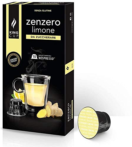 King Cup - 1 Packung mit 10 Zuckerfreier Ingwer und Zitrone Kapseln, 10 Kapseln 100% Kompatibel mit dem Nespresso-System, Getränk mit Zitronen und Ingwergeschmack, Glutenfrei und Laktosefrei von King Cup