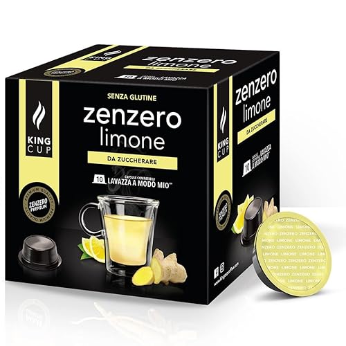 King Cup - 1 Packung mit 10 Zuckerfreier Ingwer und Zitrone Kapseln, 10 Kapseln Kompatibel mit dem Lavazza a Modo Mio-System, Getränk mit Zitronen und Ingwergeschmack, Glutenfrei und Laktosefrei von King Cup