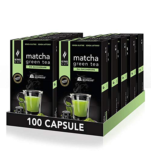 King Cup - 10 Packungen mit 10 Zuckerfreier Matcha-Tee Kapseln, 100 Kapseln 100% Kompatibel mit dem Nespresso-System von Matcha-Tee Getränk, Glutenfrei und Laktosefrei von King Cup