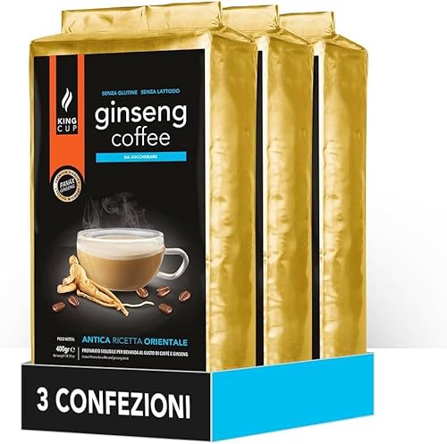 King Cup - 3 Verpackungen mit 400 Gr Zuckerfreier Ginseng-Löslichem Kaffeepulver zum Süßen, Ideal zum Hinzufügen zu Heißem Wasser, Glutenfrei, Laktosefrei und Gentechnikfrei von King Cup