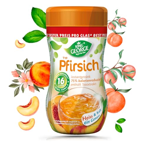 KING GEORGE Pfirsich 6 x 400g - Teegetränke mit Vitamin C, Krümeltee aromatisiert mit Pfirsich Geschmack. Hohe Ergiebigkeit (16L) 75% Kalorie reduziert von King George