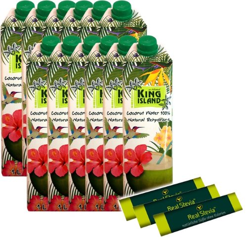 Kokoswasser - King Island - Coconut Water - 100 % - 12 x 1 Liter + 3 x Stevia Stick von King