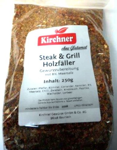 1a Kirchner Gewürze 49689 STEAK und GRILL HOLZFÄLLER Gewürzzubereitung mit 8% Meersalz ohne Glutamat --- Klarsichtbeutel 250g von Poiget