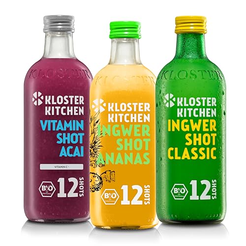 Kloster Kitchen Bio Ingwer Shot 3er Sommer - Mix 12SHOTS 3x 360 ml mit Ingwerstückchen I vegan I 12 Shots je Flasche I ohne Zusatzstoffe & natürliche Süße (inkl. 0,75€ EINWEG Pfand) von Kloster Kitchen