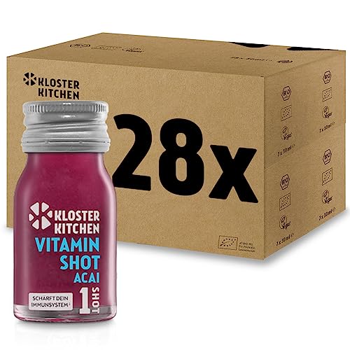 Kloster Kitchen Bio Vitamin Shot Beere Acai 1SHOT 28x 30 ml mit echten Ingwerstückchen I Ingwer Shot vegan in der To Go Glasflasche I süß-scharf ohne Zusatzstoffe & mit natürlicher Süße von Kloster Kitchen