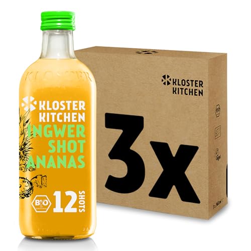 Kloster Kitchen Bio Ingwer Shot Ananas 12SHOTS 3x 360 ml mit echten Ingwerstückchen I Ingwershot vegan I Glasflasche I süß-scharf ohne Zusatzstoffe & mit natürlicher Süße (inkl. 0,75€ EINWEG Pfand) von Kloster Kitchen