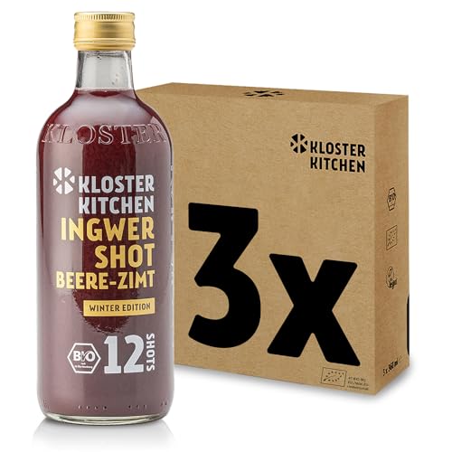 Kloster Kitchen Bio Ingwer Shot Beere Zimt Winter 12SHOTS 3x 360 ml mit Ingwerstückchen I Ingwershot vegan Glasflasche süß-scharf ohne Zusatzstoffe & mit natürlicher Süße (inkl. 0,75€ EINWEG Pfand) von Kloster Kitchen