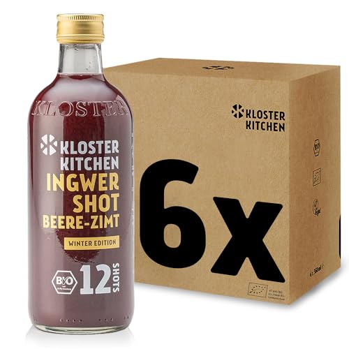 Kloster Kitchen Bio Ingwer Shot Beere Zimt Winter 12SHOTS 6x 360 ml mit Ingwerstückchen I Ingwershot vegan Glasflasche süß-scharf ohne Zusatzstoffe & mit natürlicher Süße (inkl. 1,50€ EINWEG Pfand) von Kloster Kitchen