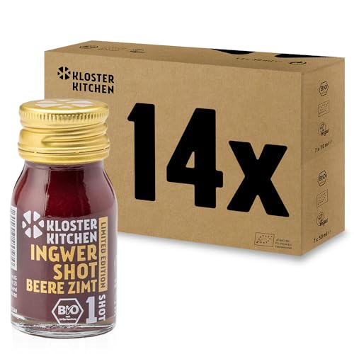 Kloster Kitchen Bio Ingwer Shot Beere Zimt Winter 1SHOT 14x 30 ml mit Ingwerstückchen I Limited Edition Ingwershot vegan Glasflasche süß-scharf ohne Zusatzstoffe & mit natürlicher SüßeFgeschm von Kloster Kitchen