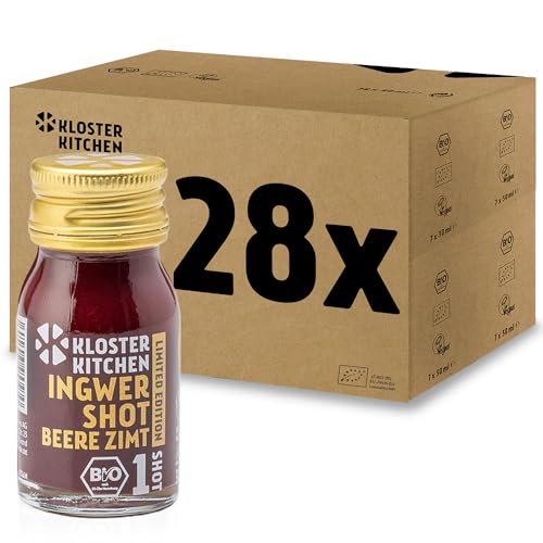 Kloster Kitchen Bio Ingwer Shot Beere Zimt Winter 1SHOT 28x 30 ml mit Ingwerstückchen I Limited Edition Ingwershot vegan Glasflasche süß-scharf ohne Zusatzstoffe & mit natürlicher Süße von Kloster Kitchen