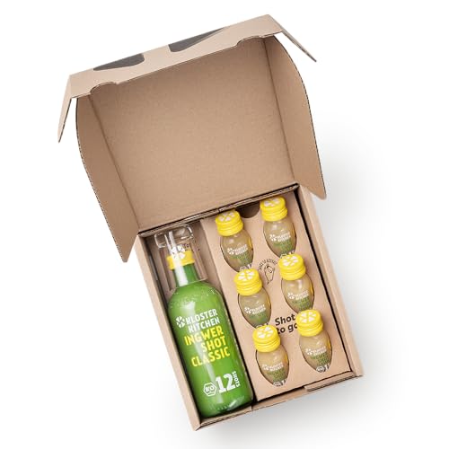 Kloster Kitchen Bio Ingwer Shot Classic Box I 1x 360 ml + 6x 30 ml mit Ingwerstückchen I Geschenkset Ingwershot vegan I süß-scharf ohne Zusatzstoffe (inkl. 0,25€ EINWEG Pfand) von Kloster Kitchen