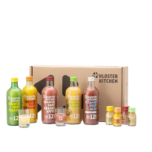 Kloster Kitchen Bio Ingwer Shot Probierset L I 5 Sorten 5x 360 ml + 5x 30 ml mit echten Ingwerstückchen I Geschenkset Ingwershot vegan I süß-scharf & mit natürlicher Süße (inkl. 1,25€ EINWEG Pfand) von Kloster Kitchen