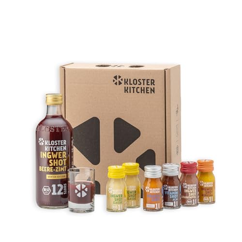 Kloster Kitchen Bio Ingwer Shot Weinachtsgeschenk I 6 Sorten mit echten Ingwerstückchen I Geschenkset Männer und Frauen Ingwershot vegan I süß-scharf & natürliche Süße (inkl. 0,25€ EINWEG Pfand) von Kloster Kitchen