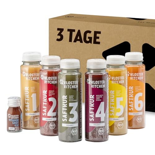 Kloster Kitchen Bio Saftkur 3 Tage I 18x 250ml Säfte + 3x 30ml Ingwer Shot I Fastenkur Vegan 6 Geschmacksrichtungen I 592 kcal pro Tag | Reich an Vitaminen | Kur Guide mit Tipps (4,50€ EINWEG Pfand) von Kloster Kitchen