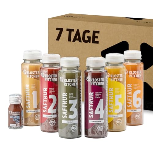 Kloster Kitchen Bio Saftkur 7 Tage I 42x 250ml Säfte + 7x 30ml Ingwer Shot I Fastenkur Vegan 6 Geschmacksrichtungen I 592 kcal pro Tag | Reich an Vitaminen | Kur Guide mit Tipps (10,50€ EINWEG Pfand) von Kloster Kitchen