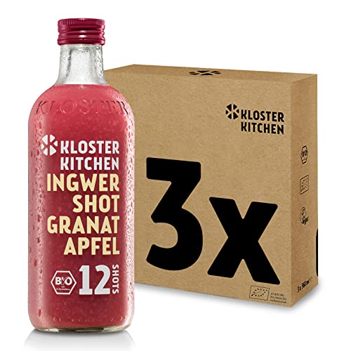 Kloster Kitchen Bio Ingwer Shot Granatapfel 3x 12SHOTS 360 ml mit Ingwerstückchen I Ingwershot vegan I Glasflasche I süß-scharf ohne Zusatzstoffe & mit natürlicher Süße (inkl. 0,75€ EINWEG Pfand) von Kloster Kitchen