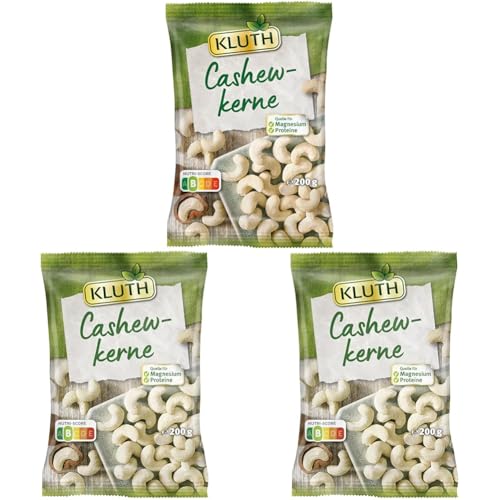 Kluth Cashewkerne 200g – Mild im Aroma und naturbelassen – Natürlich reich an Protein und Magnesium – Ohne Salz, ungeröstet und vegan – Nutri-Score B (1 x 200g) (Packung mit 3) von Kluth