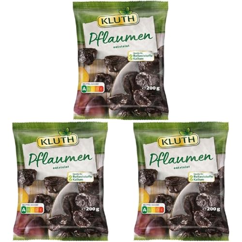 Kluth Pflaumen entsteint 200g – Aromatisch, fruchtig und natürlich süß im Geschmack – Vegan, ungeschwefelt, ohne Stein und ohne Zuckerzusatz – Nutri-Score A (1 x 200g) (Packung mit 3) von Kluth