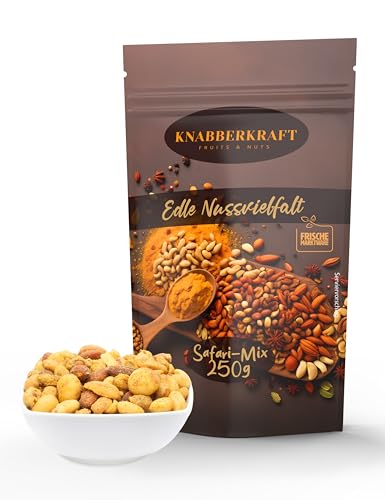 Knabberkraft Safari Mix – Premium Nussmischung inkl: Cashewkerne, Erdnüsse, Mandeln, Pekannüsse, Macadamianüsse - Studentenfutter Nüsse mit exotischen Gewürzen - Gesunde Snacks - 250g von Knabberkraft