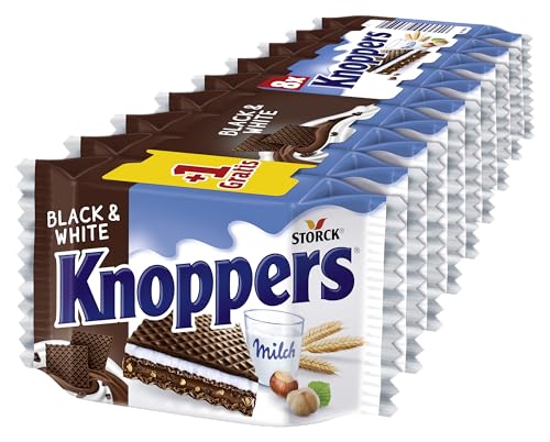 Knoppers Black and White - 1 x 225g - Gefüllte Waffelschnitte mit dunklen Kakakowaffeln, dunklen Gebäckstückchen und Nougatcremefüllung von Knoppers