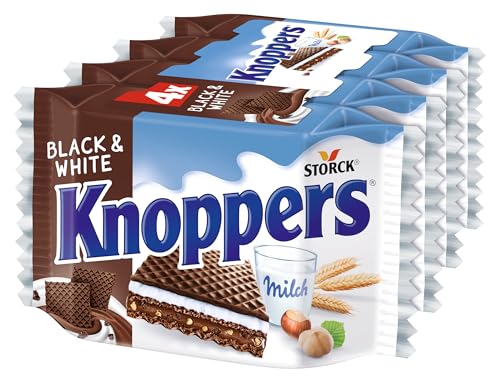 Knoppers Black and White – 4 x 25g – Gefüllte Waffelschnitte mit dunklen Kakaowaffeln, dunklen Gebäckstückchen und Nougatcremefüllung von Knoppers