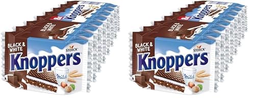 Knoppers Black and White – 8 x 25g – Gefüllte Waffelschnitte mit dunklen Kakaowaffeln, dunklen Gebäckstückchen und Nougatcremefüllung (Packung mit 2) von Knoppers