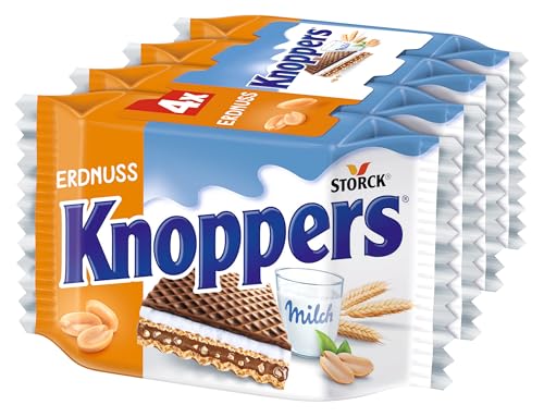 Knoppers Erdnuss – 4 x 25g – Gefüllte Waffelschnitte mit Erdnusscreme, feinsalzigen Erdnussstückchen und leckerer Milchcreme von Knoppers