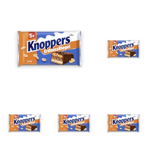 Knoppers ErdnussRiegel – 1 x 200g (5 Riegel) – Waffelriegel mit Milchcreme, Erdnusscreme, gesalzenen, gehackten Erdnüssen und zartem Karamell, umhüllt von Vollmilchschokolade (Packung mit 5) von Knoppers