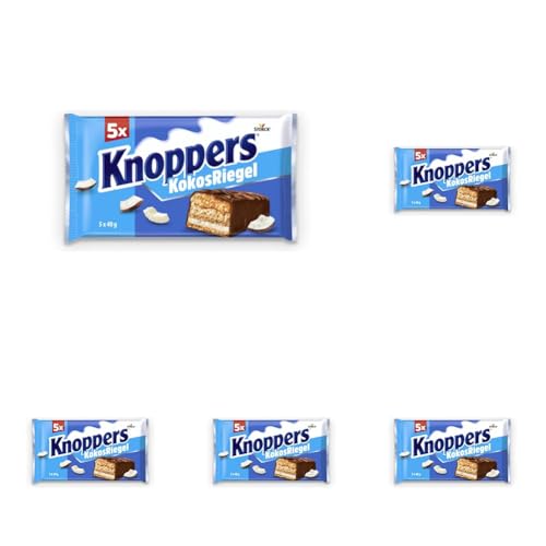 Knoppers KokosRiegel – 1 x 200g (5 Riegel) – Waffelriegel mit Milchcreme, Kokoscreme, Haselnüssen, Kokosraspeln und zartem Karamell, umhüllt von Vollmilchschokolade (Packung mit 5) von Knoppers