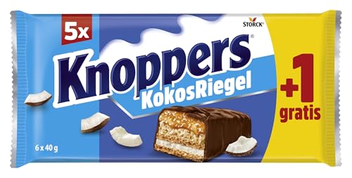 Knoppers KokosRiegel – 1 x 240g (6 Riegel) – Waffelriegel mit Milchcreme, Kokoscreme, Haselnüssen, Kokosraspeln und zartem Karamell, umhüllt von Vollmilchschokolade von Knoppers